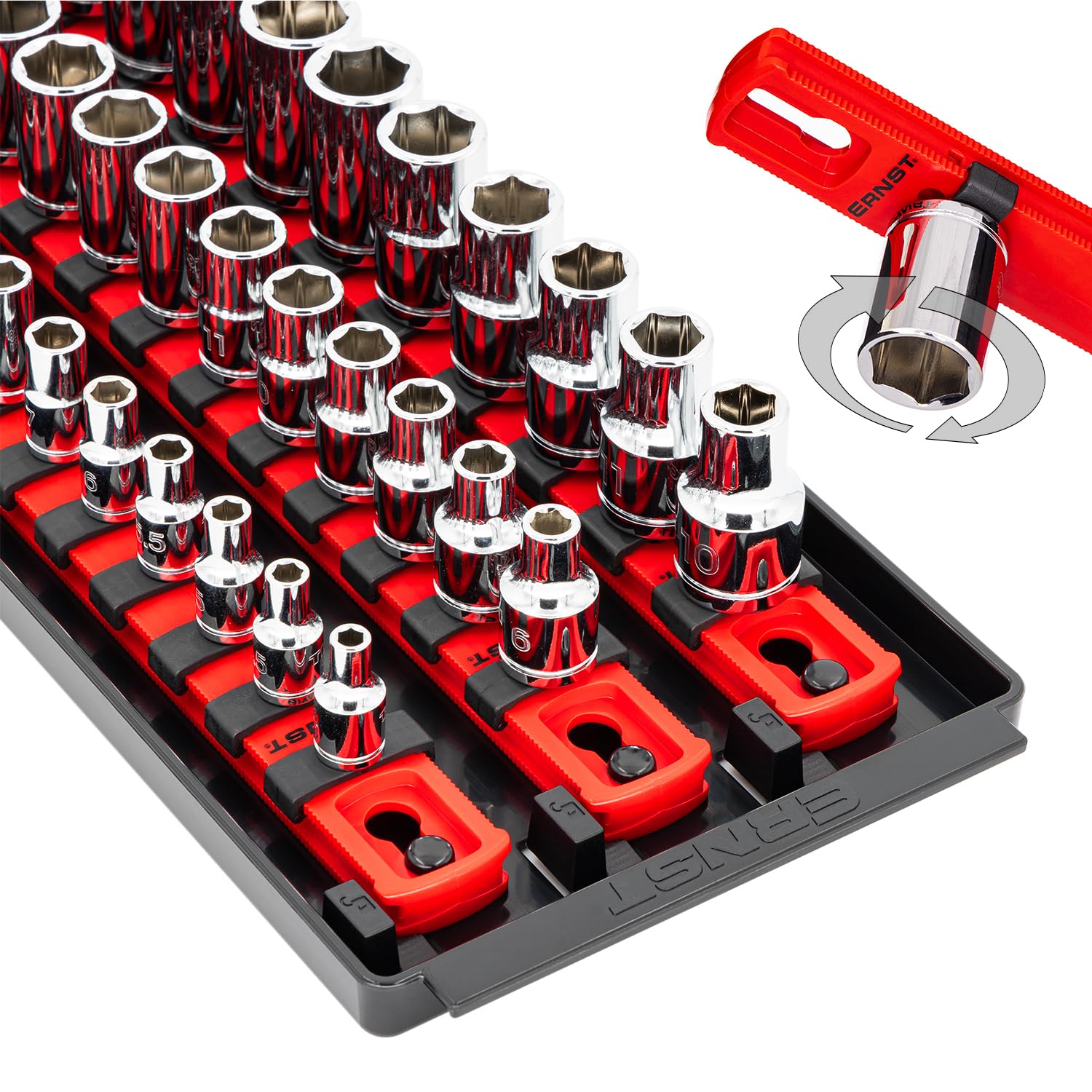 Ernst Socket Boss: A Premium 3-Rail Multi-Drive Socket Organizer in Red (8450), Measuring 19-Inches for Comprehensive Tool Storage - Socket Organization Tray