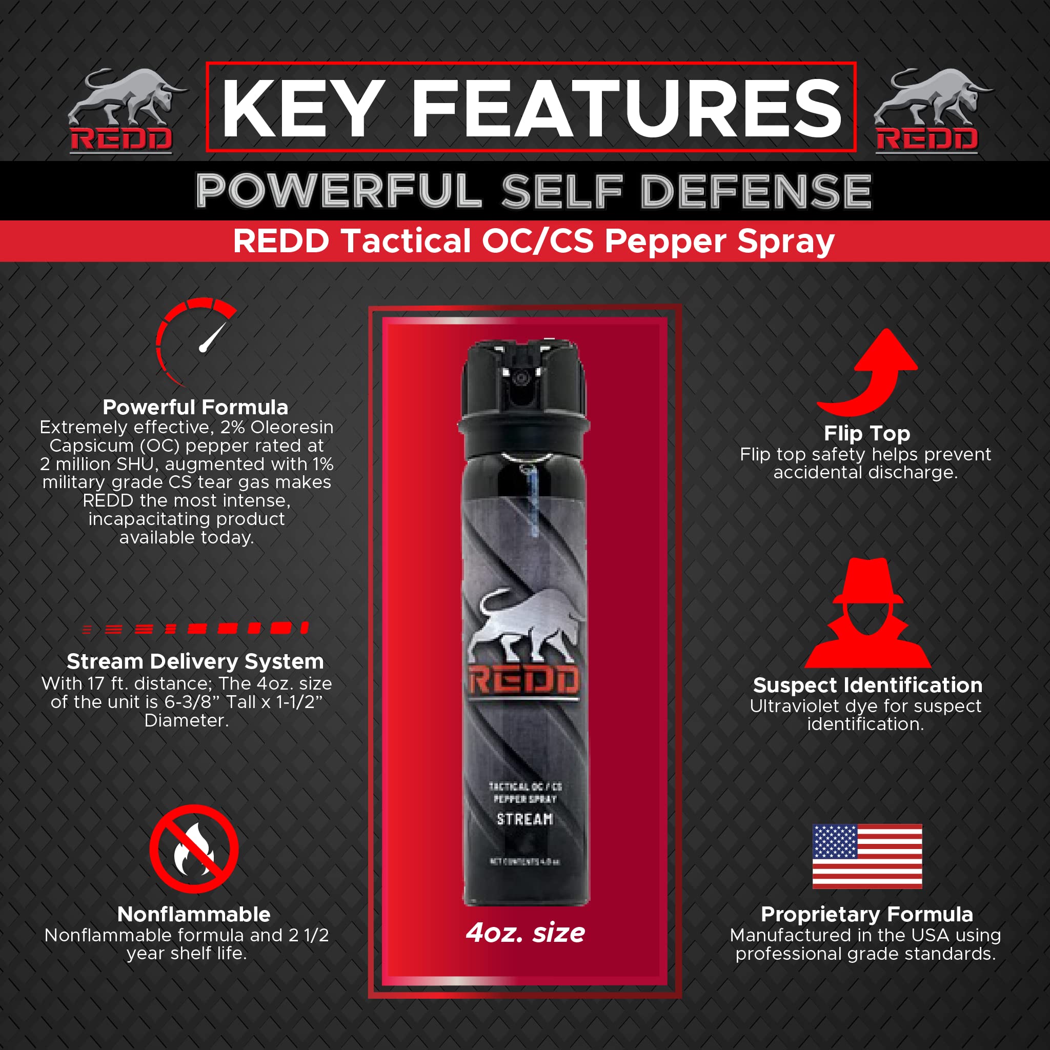 NW Self Defense Products Redd, Tactical OC/CS Pepper Spray - Flip Top Stream (4 oz)