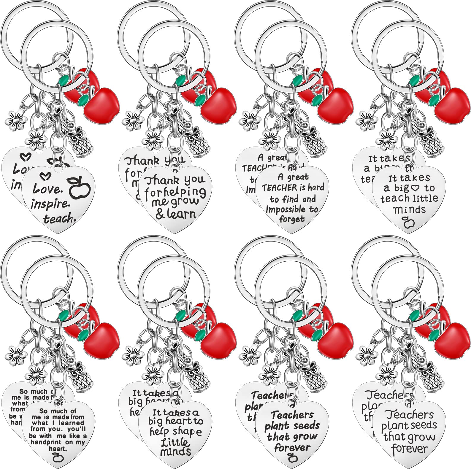 Kigeli 16 Pieces Teacher Appreciation Gift Teacher Keychain Heart Shape Pendant Key Chain Graduation Back to School Christmas Thank You Gift for Teacher