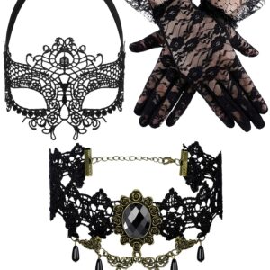 Boao Masquerade Costume Set for Women, Lace Masquerade Mask Gloves Black Gothic Choker Necklace Cosplay Accessories (Elegant Style)