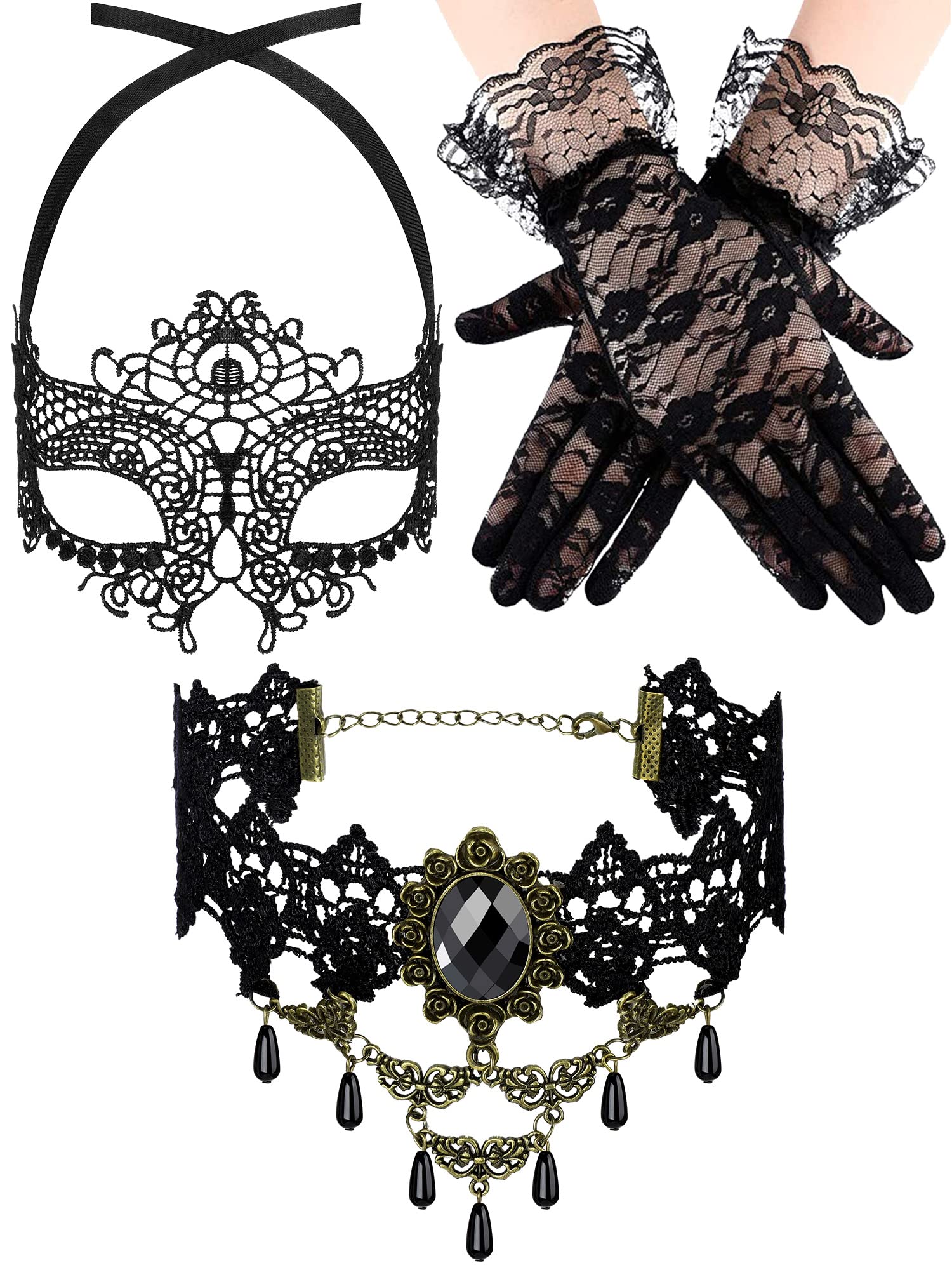 Boao Masquerade Costume Set for Women, Lace Masquerade Mask Gloves Black Gothic Choker Necklace Cosplay Accessories (Elegant Style)