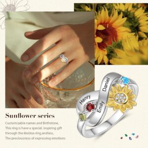 Sunflower Promise Ring for Women Personalized Infinity Ring with Simulated Birthstones Custom Name Engagement Rings Jewelry Gifts for Mom Wife Her(3 Stone,6)