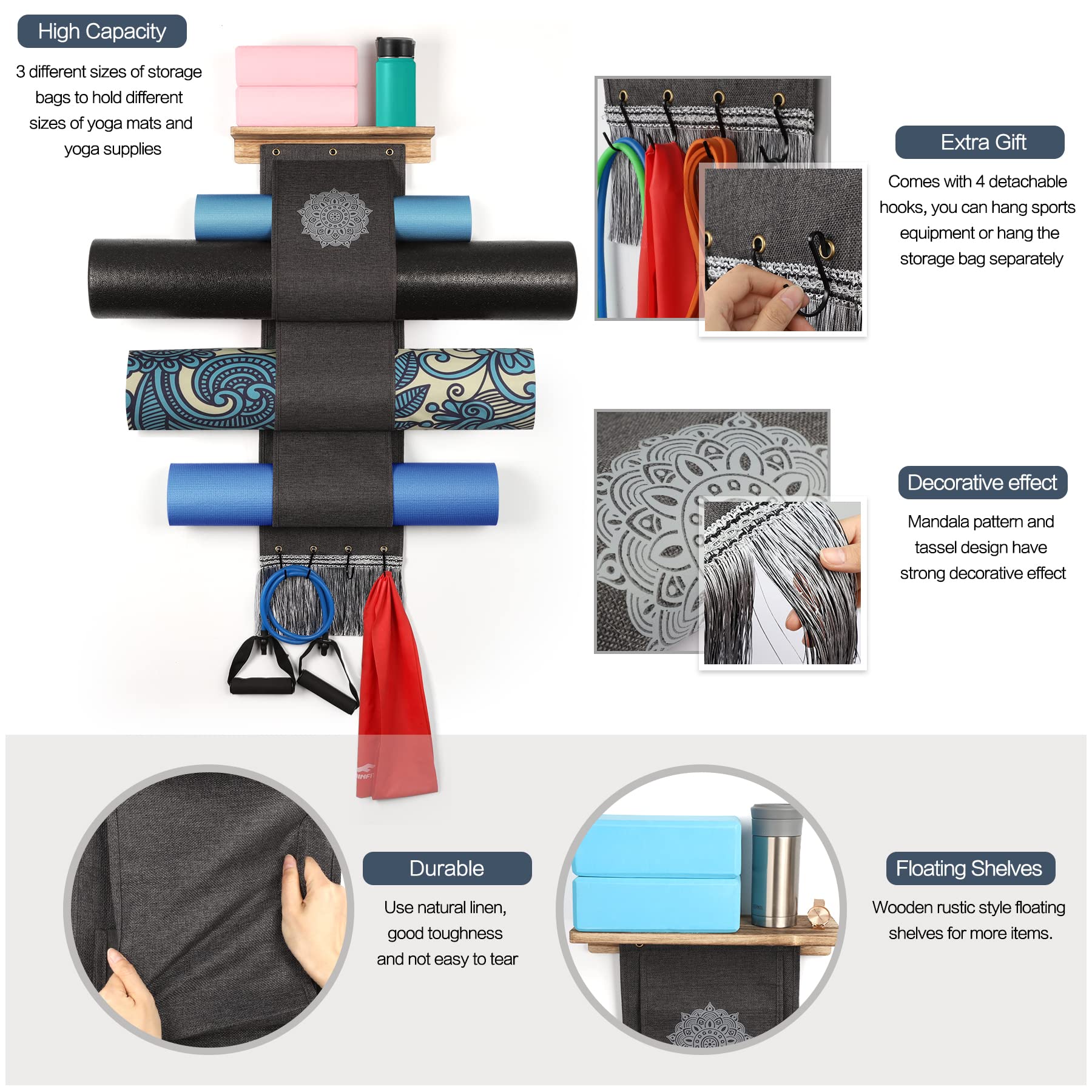 VINAEMO Yoga Mat Holder Wall Mount Storage Rack with 3 Sizes Pocket Wood Floating Shelves and 4 Hooks for Hanging Foam Roller Yoga Mats Yoga Block Home Gym Accessories Carbonized Black