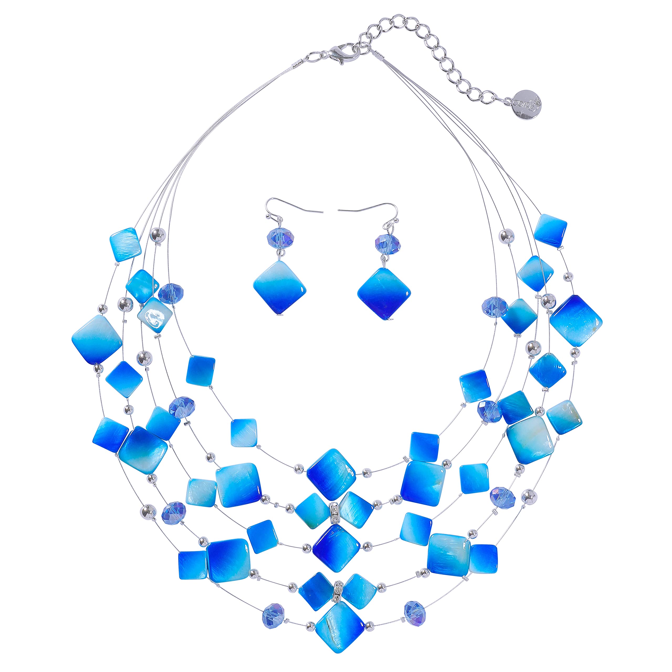 Coiris 5 Layer Illusion Wire Gradient Color Shell Beaded Statement Necklace for Women(N0021-Blue)