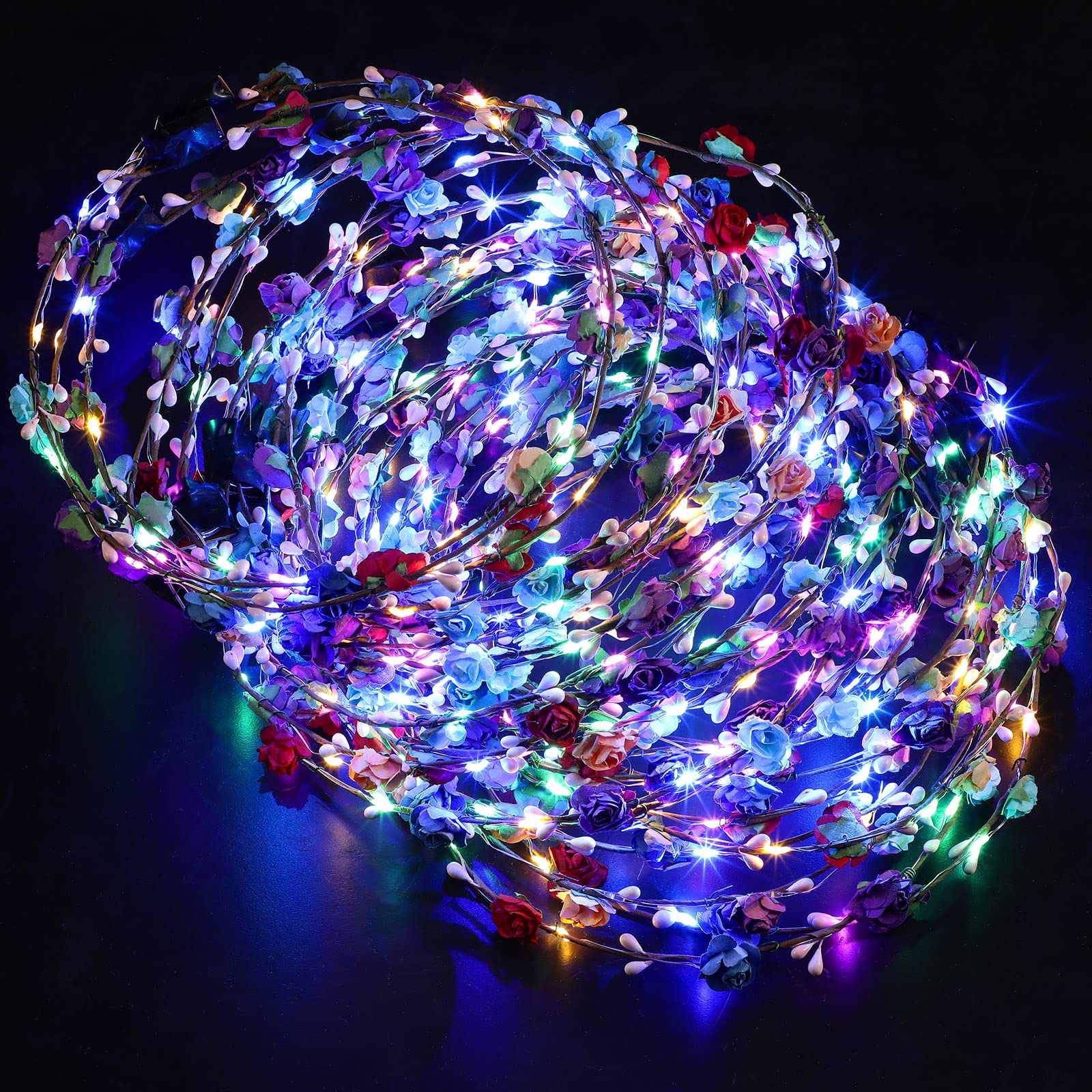 70 Pcs LED Flower Crown LED Flower Wreath Headband Light up Headband LED Hair Accessories Crown Luminous Head Band Crown LED Tiara Glow Floral Headpiece Flower Headdress for Women Girls Wedding Party