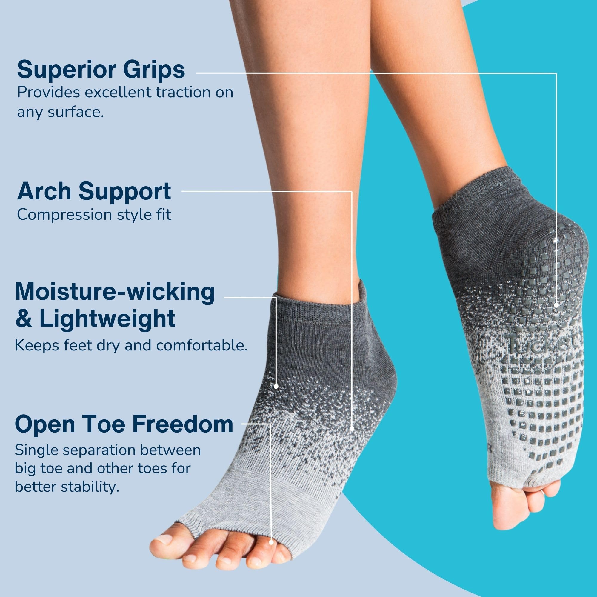 Tucketts Anklet Toeless Non-Slip Grip Socks - Anti Skid Yoga, Barre, Pilates, Home & Leisure, Pedicure - L/XL - 1 pair Blue Effervescent Large