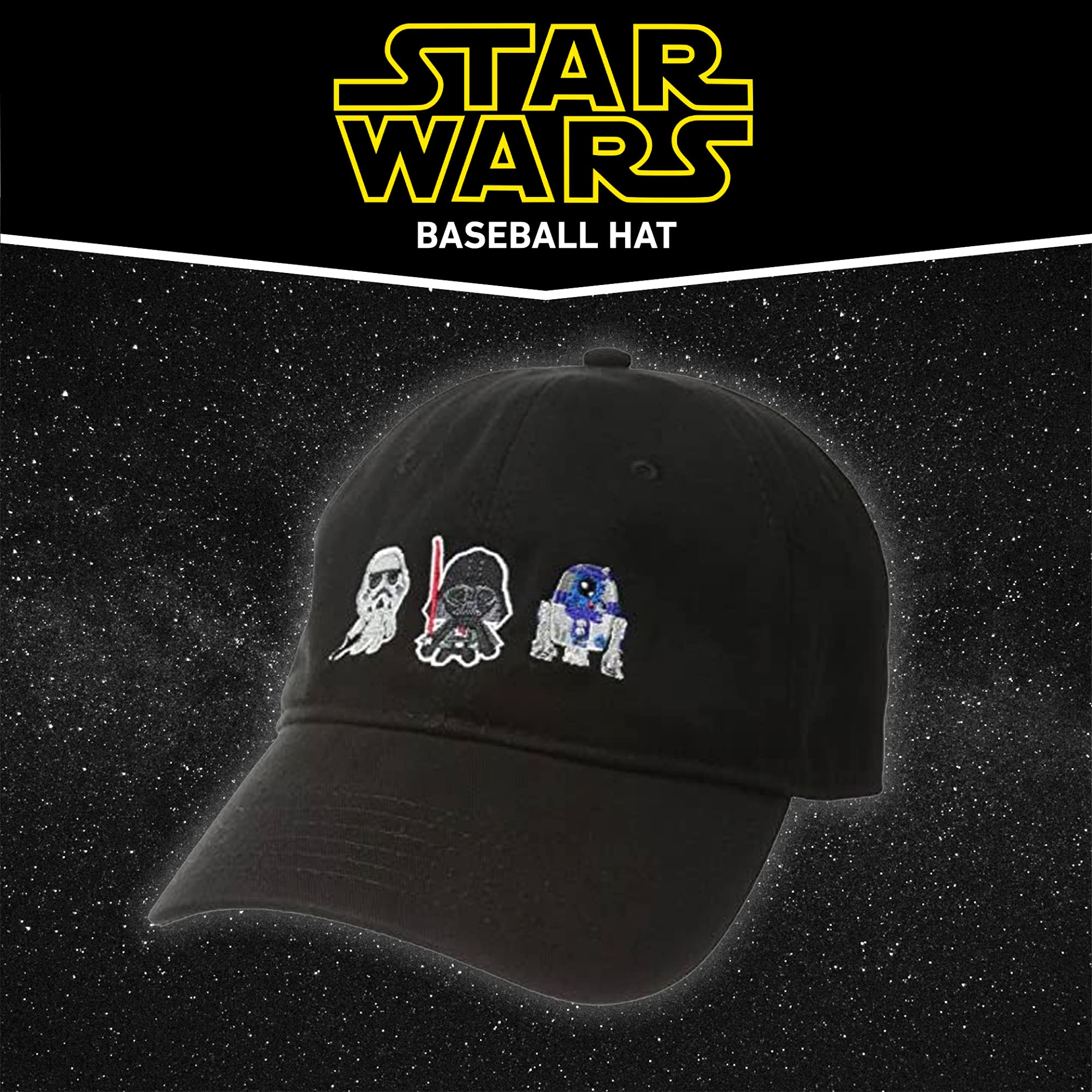 Concept One Star Wars Dad Hat, Darth Vader, R2-D2 and Stormtrooper Cotton Adult Baseball Cap with Curved Brim, Black, One Size