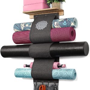 VINAEMO Yoga Mat Holder Wall Mount Storage Rack with 3 Sizes Pocket Wood Floating Shelves and 4 Hooks for Hanging Foam Roller Yoga Mats Yoga Block Home Gym Accessories Carbonized Black