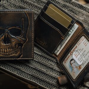 House of Jack Co. SKULL Slim Card Wallet | Minimalist Bifold Card Case | Slim Front Pocket Card Holder | Handburnished Premium Leather