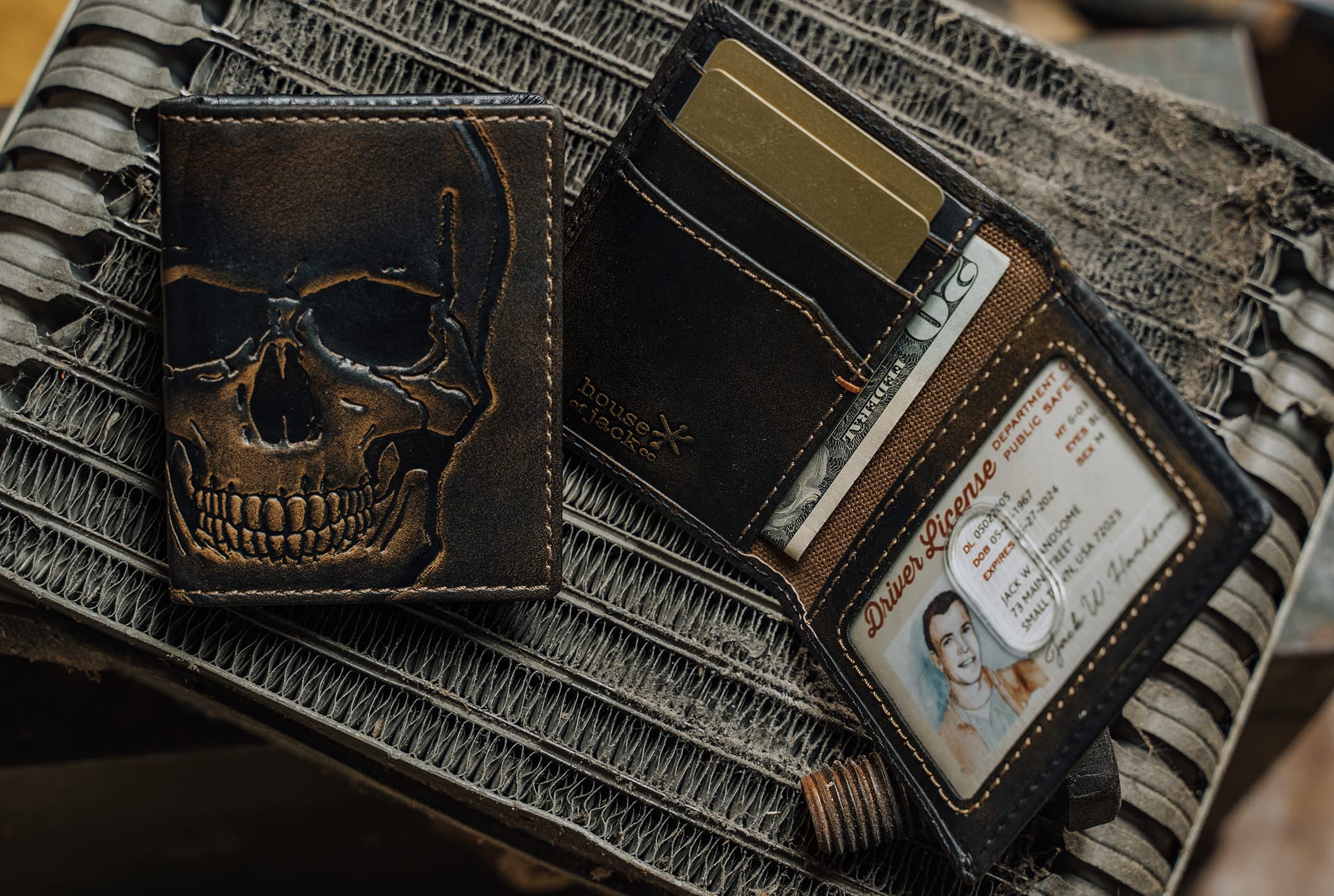 House of Jack Co. SKULL Slim Card Wallet | Minimalist Bifold Card Case | Slim Front Pocket Card Holder | Handburnished Premium Leather