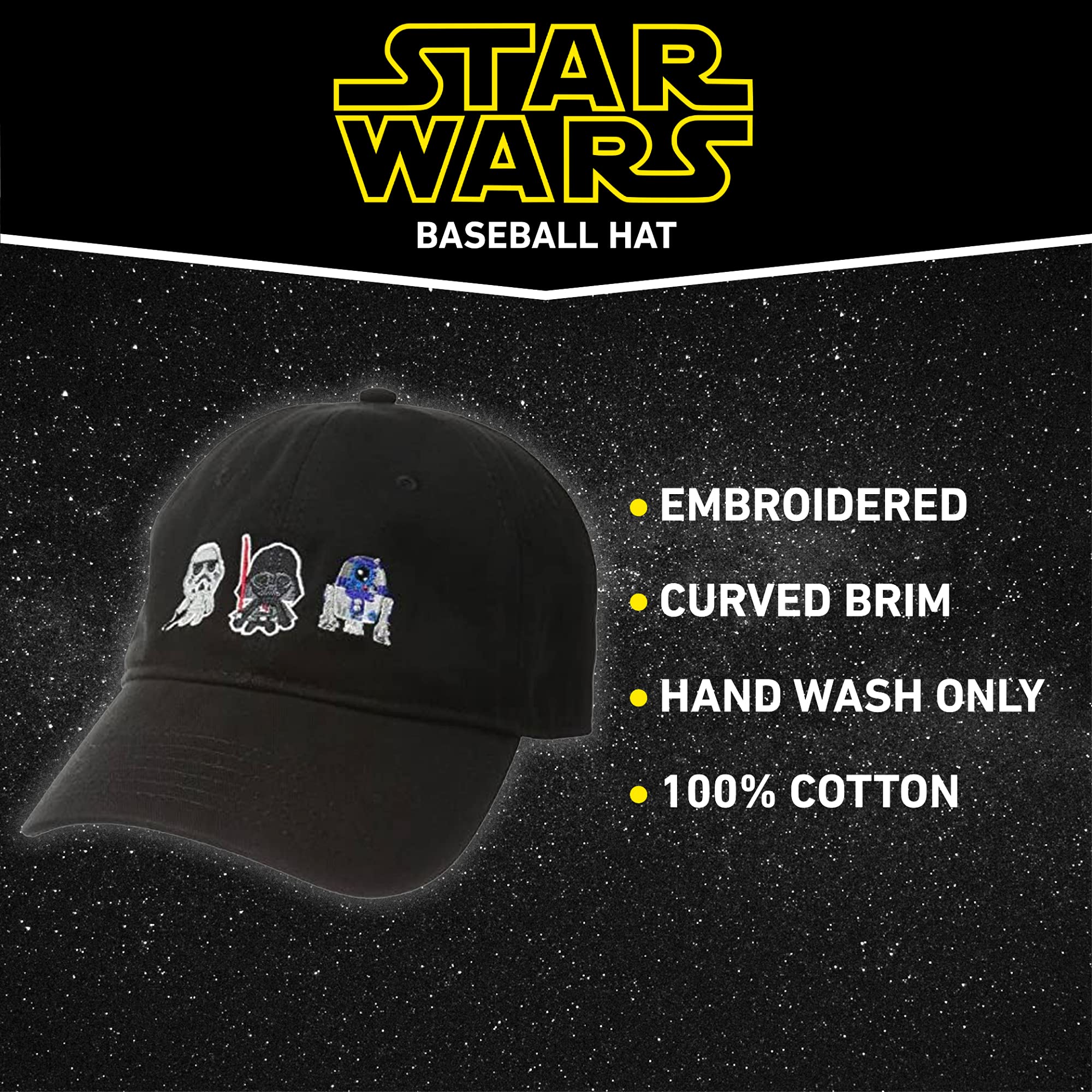 Concept One Star Wars Dad Hat, Darth Vader, R2-D2 and Stormtrooper Cotton Adult Baseball Cap with Curved Brim, Black, One Size