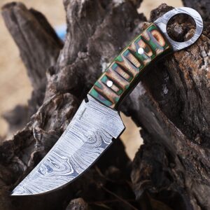 LH LIMASSOL 8 Inch Fixed Blade Custom Handmade Damascus Hunting knife/skinner knife/skinning knife with leather sheath (Green brown)