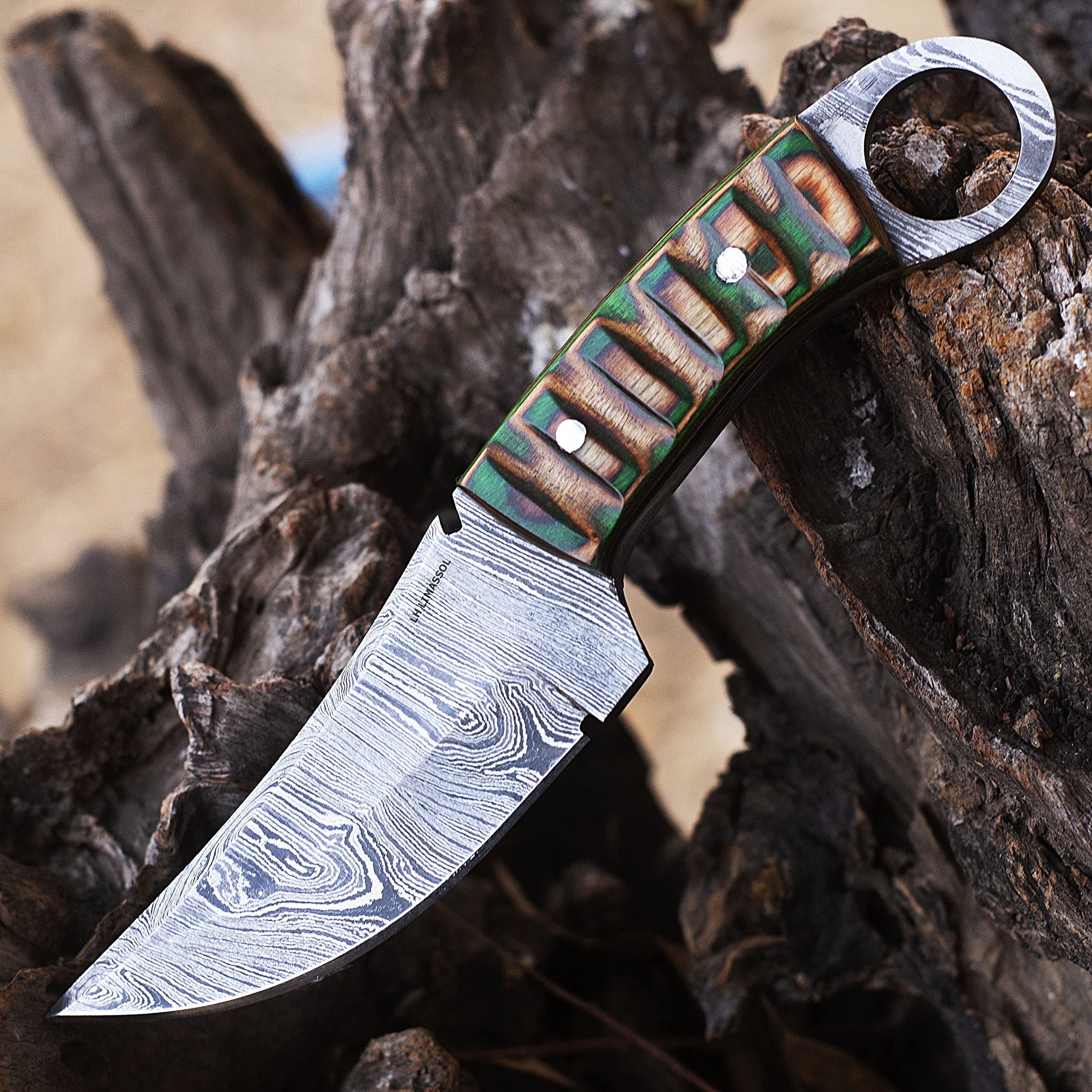 LH LIMASSOL 8 Inch Fixed Blade Custom Handmade Damascus Hunting knife/skinner knife/skinning knife with leather sheath (Green brown)