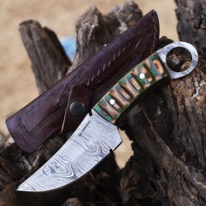 lh limassol 8 inch fixed blade custom handmade damascus hunting knife/skinner knife/skinning knife with leather sheath (green brown)