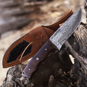 lh limassol knife with sheath - perfect hunting knife for camping and outdoor activities – brown damascus knife with leather sheath - fixed blade outdoor knife (9 inches)