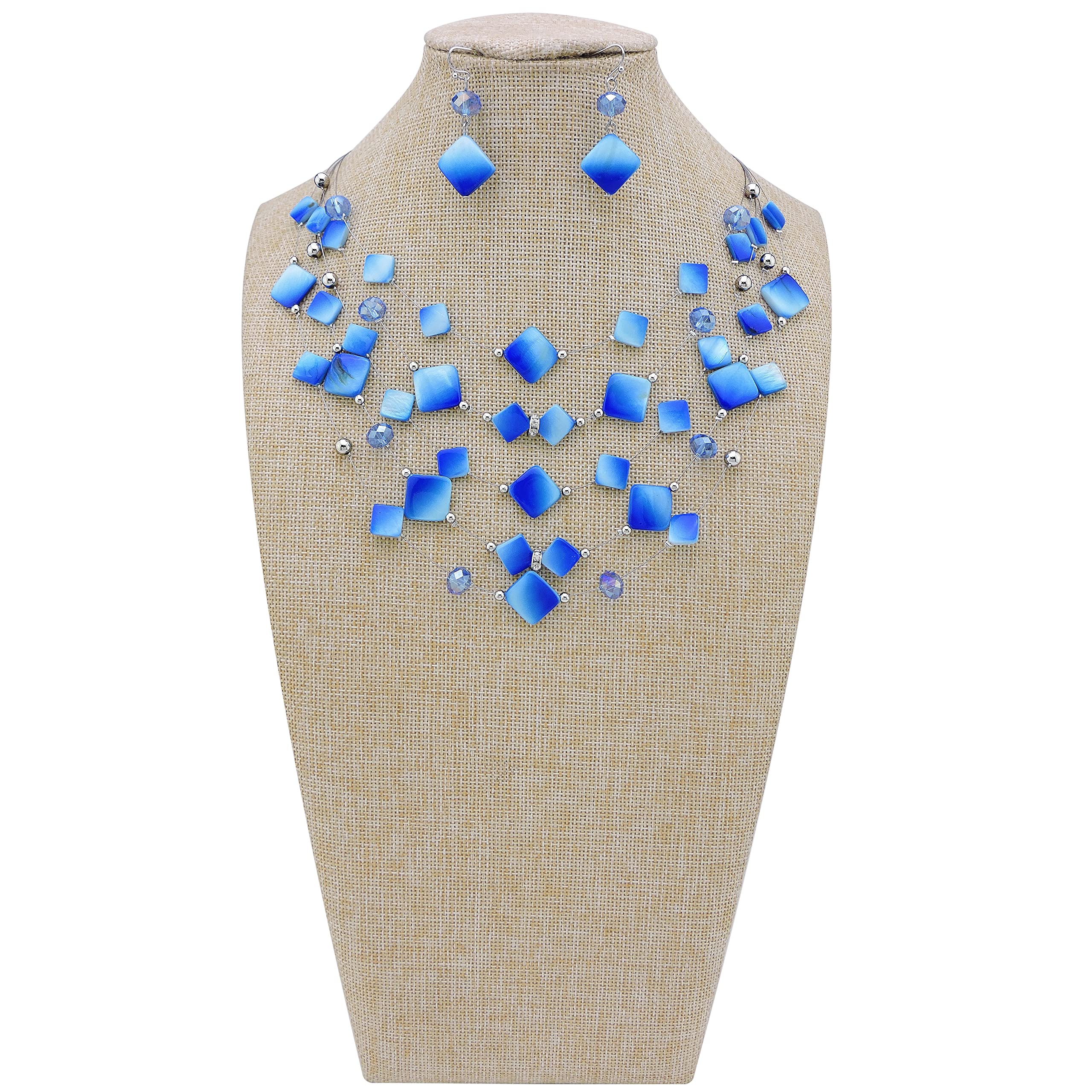 Coiris 5 Layer Illusion Wire Gradient Color Shell Beaded Statement Necklace for Women(N0021-Blue)