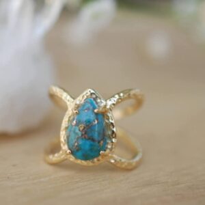 Awmnjtmgpw 18K Gold Inlaid Teardrop pear Shaped Turquoise Ring Size 6-10 (Size 8)