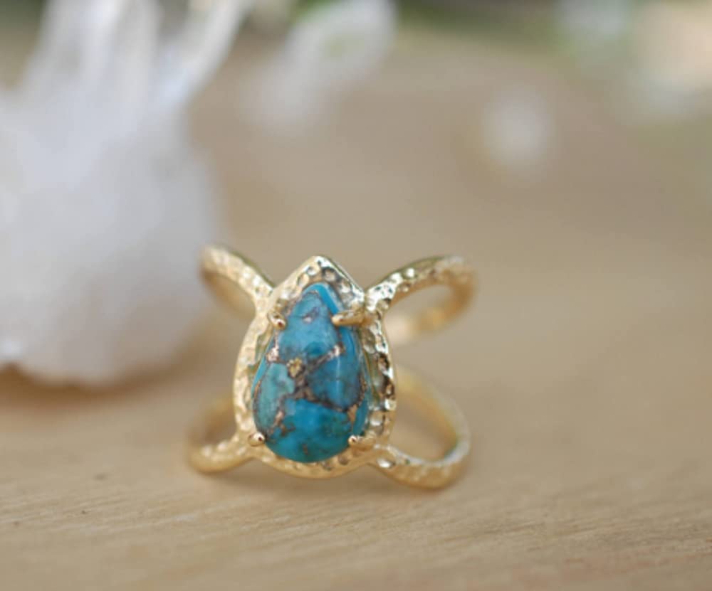 Awmnjtmgpw 18K Gold Inlaid Teardrop pear Shaped Turquoise Ring Size 6-10 (Size 8)