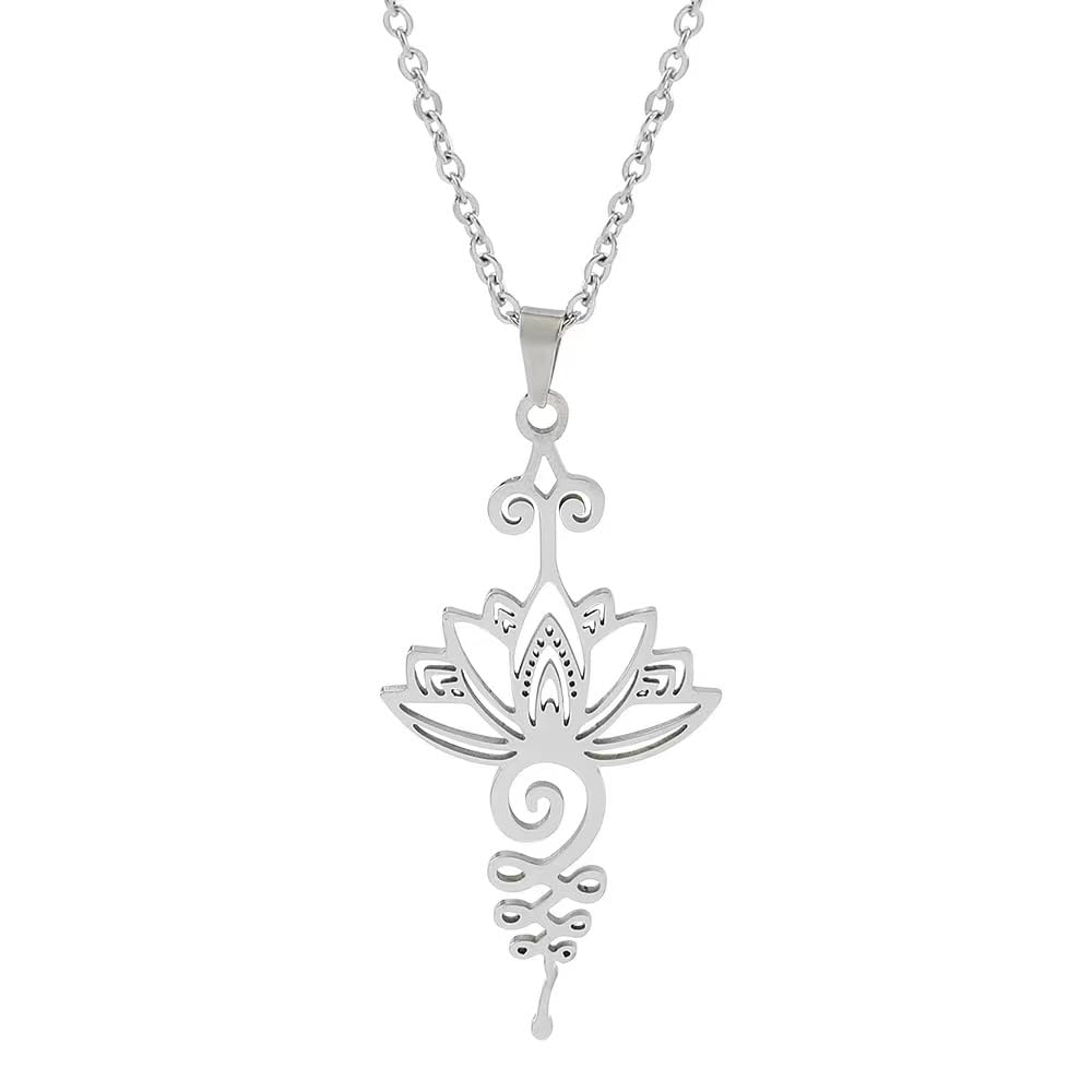 Unalome womens Pendant Necklace Hippie Necklace.Unalome Necklace with Lotus Flower-Yoga Jewelry, Silver