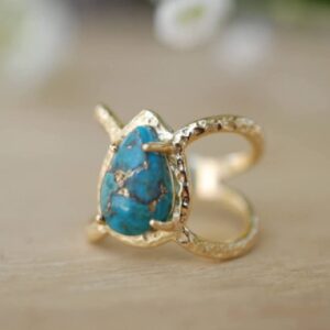 Awmnjtmgpw 18K Gold Inlaid Teardrop pear Shaped Turquoise Ring Size 6-10 (Size 8)