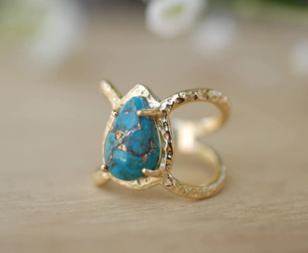 Awmnjtmgpw 18K Gold Inlaid Teardrop pear Shaped Turquoise Ring Size 6-10 (Size 8)