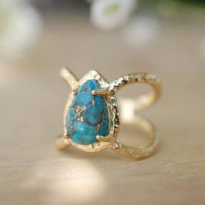 Awmnjtmgpw 18K Gold Inlaid Teardrop pear Shaped Turquoise Ring Size 6-10 (Size 8)