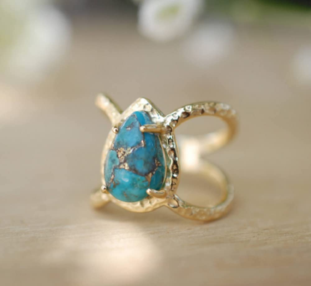 Awmnjtmgpw 18K Gold Inlaid Teardrop pear Shaped Turquoise Ring Size 6-10 (Size 8)