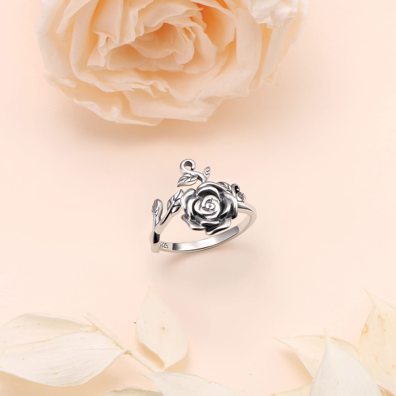 HOOHWE S925 Sterling Silver Flower Rings Rose Flower Open Ring 3D Rose Shape Adjustable Ring Jewelry for Women Teen (Adjustable)