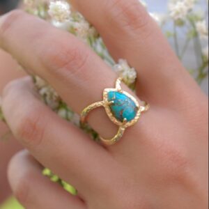 Awmnjtmgpw 18K Gold Inlaid Teardrop pear Shaped Turquoise Ring Size 6-10 (Size 8)