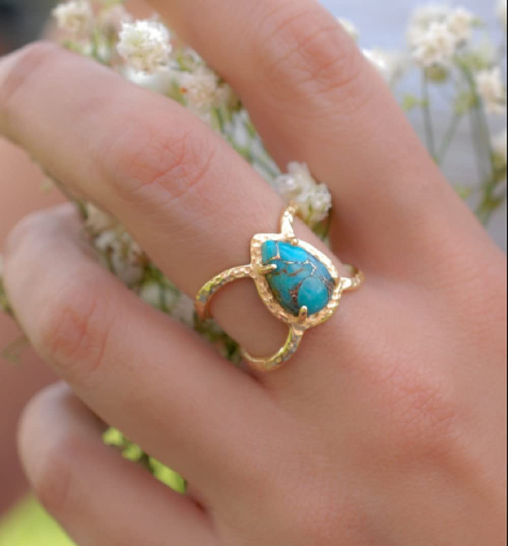 Awmnjtmgpw 18K Gold Inlaid Teardrop pear Shaped Turquoise Ring Size 6-10 (Size 8)