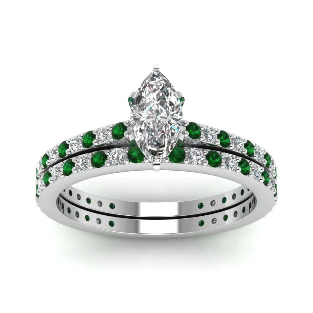 55Carat Classic Delicate Diamond Wedding Set 925 Sterling Silver Created Emerald Marquise shape Green colorWedding Ring Sets Prong Setting in Size 9