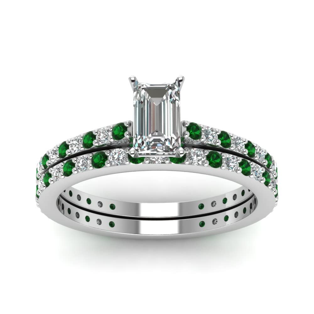 55Carat Classic Delicate Diamond Wedding Set 925 Sterling Silver Created Emerald Emerald Shape Green colorWedding Ring Sets Prong Setting in Size 12