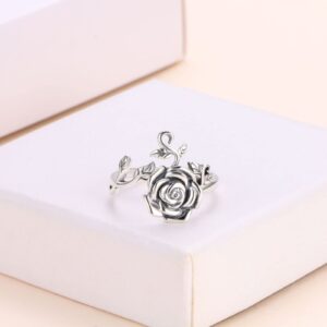 HOOHWE S925 Sterling Silver Flower Rings Rose Flower Open Ring 3D Rose Shape Adjustable Ring Jewelry for Women Teen (Adjustable)