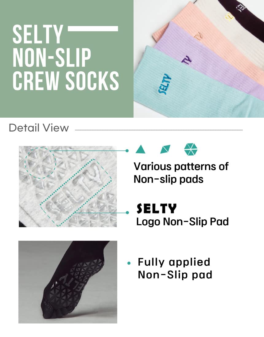 SELTY Non Slip Crew Toe Socks for Women - Pilates, Yoga, Barre Socks with Grips (Black)