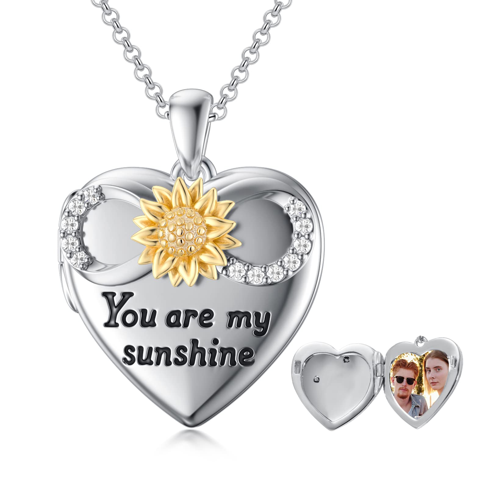 SOULMEET Personalized 10k 14k 18k Solid White Gold Infinity Sunflower Locket Necklace That Holds 1 Picture Photo Heart Locket Necklace, You Are My Sunshine" (Custom photo)