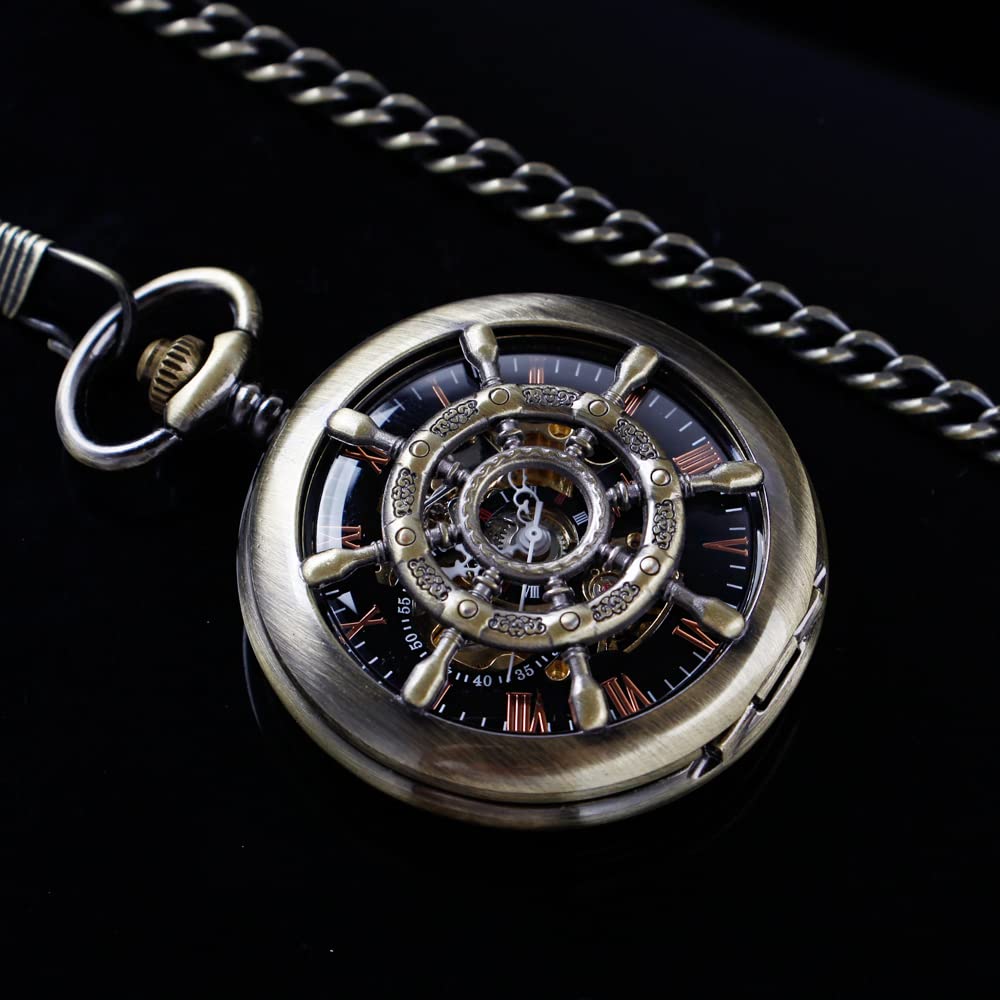 Alwesam Rudder Design Mechanical Pocket Watch Hand Wind Roman Numerals Men Steampunk with Chain Box