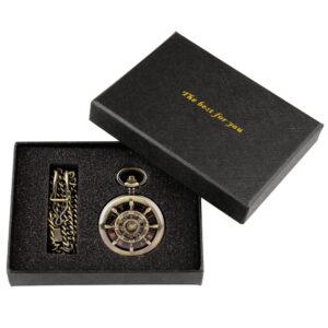 Alwesam Rudder Design Mechanical Pocket Watch Hand Wind Roman Numerals Men Steampunk with Chain Box