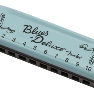 Fender Blues Deluxe Harmonica, with 1-Year Warranty, Key of C 10 Holes, with Hard Plastic Carrying Case, Daphne Blue