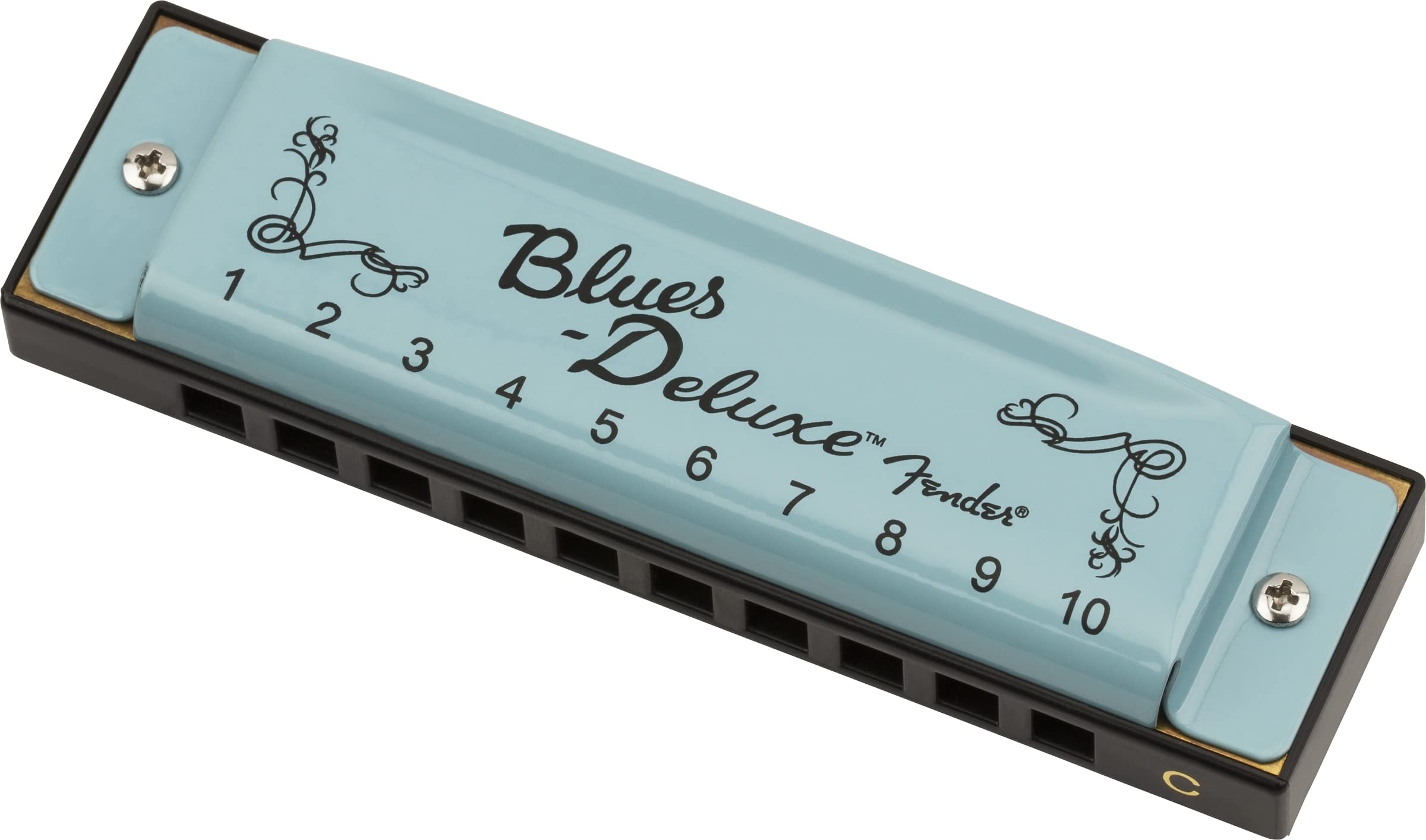 Fender Blues Deluxe Harmonica, with 1-Year Warranty, Key of C 10 Holes, with Hard Plastic Carrying Case, Daphne Blue