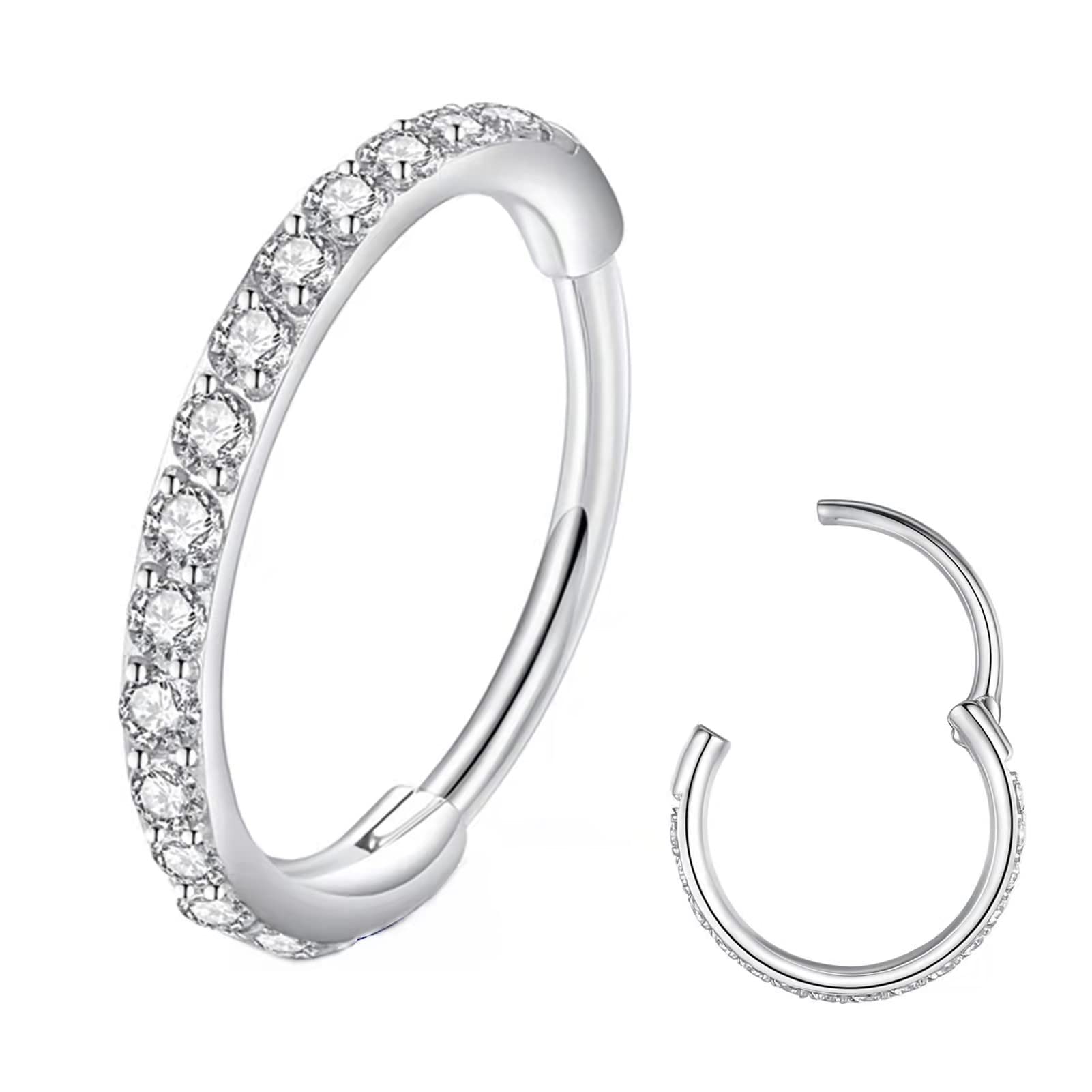 BLESSMYLOVE Clear CZ Silver 20G 8mm Nose Rings Hoop 316L Surgical Steel 20 gauge Cartilage Earrings Conch Daith Helix Rook Tragus Lobe Snug Body Piercing Jewelry Stainless Hinged Segment Lip