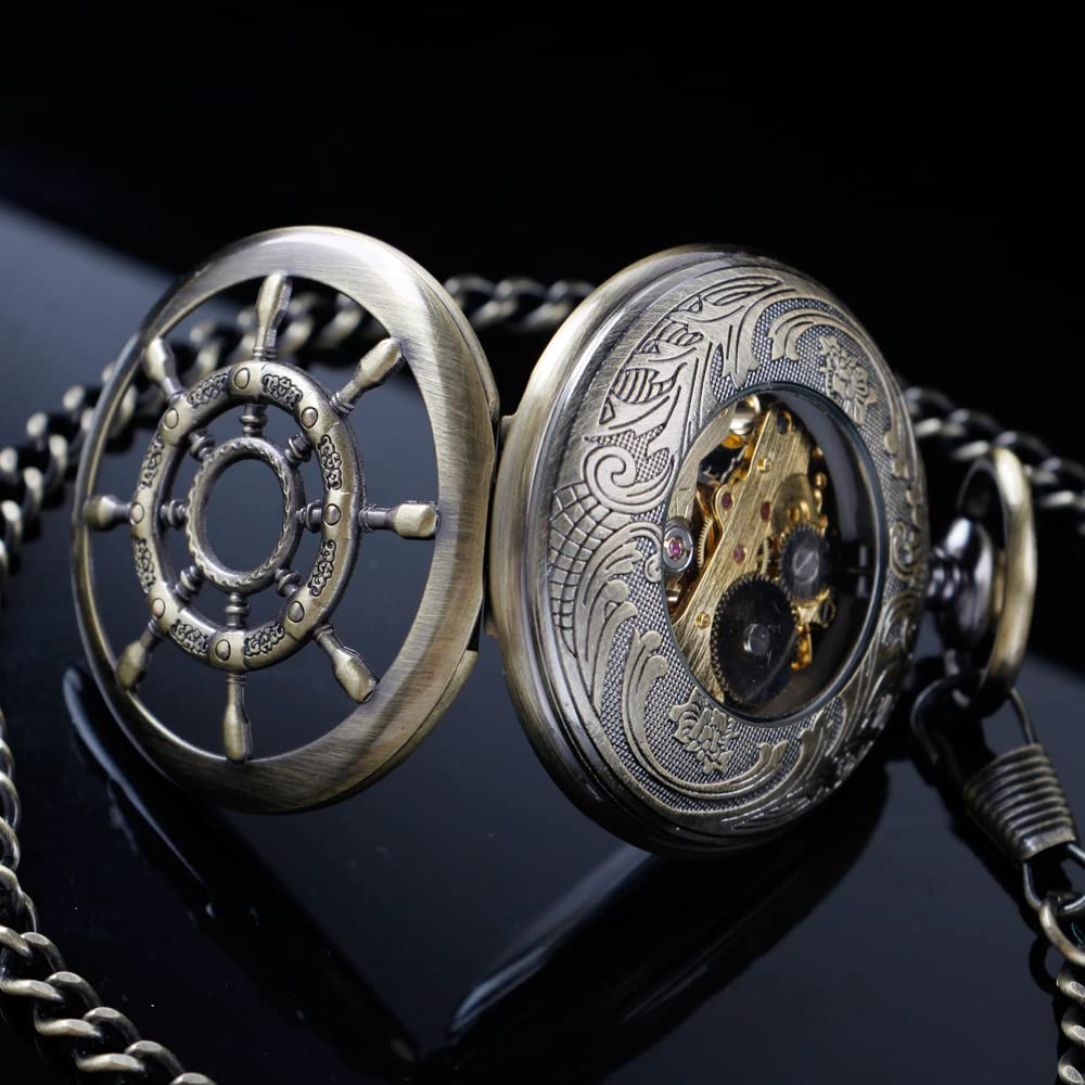 Alwesam Rudder Design Mechanical Pocket Watch Hand Wind Roman Numerals Men Steampunk with Chain Box