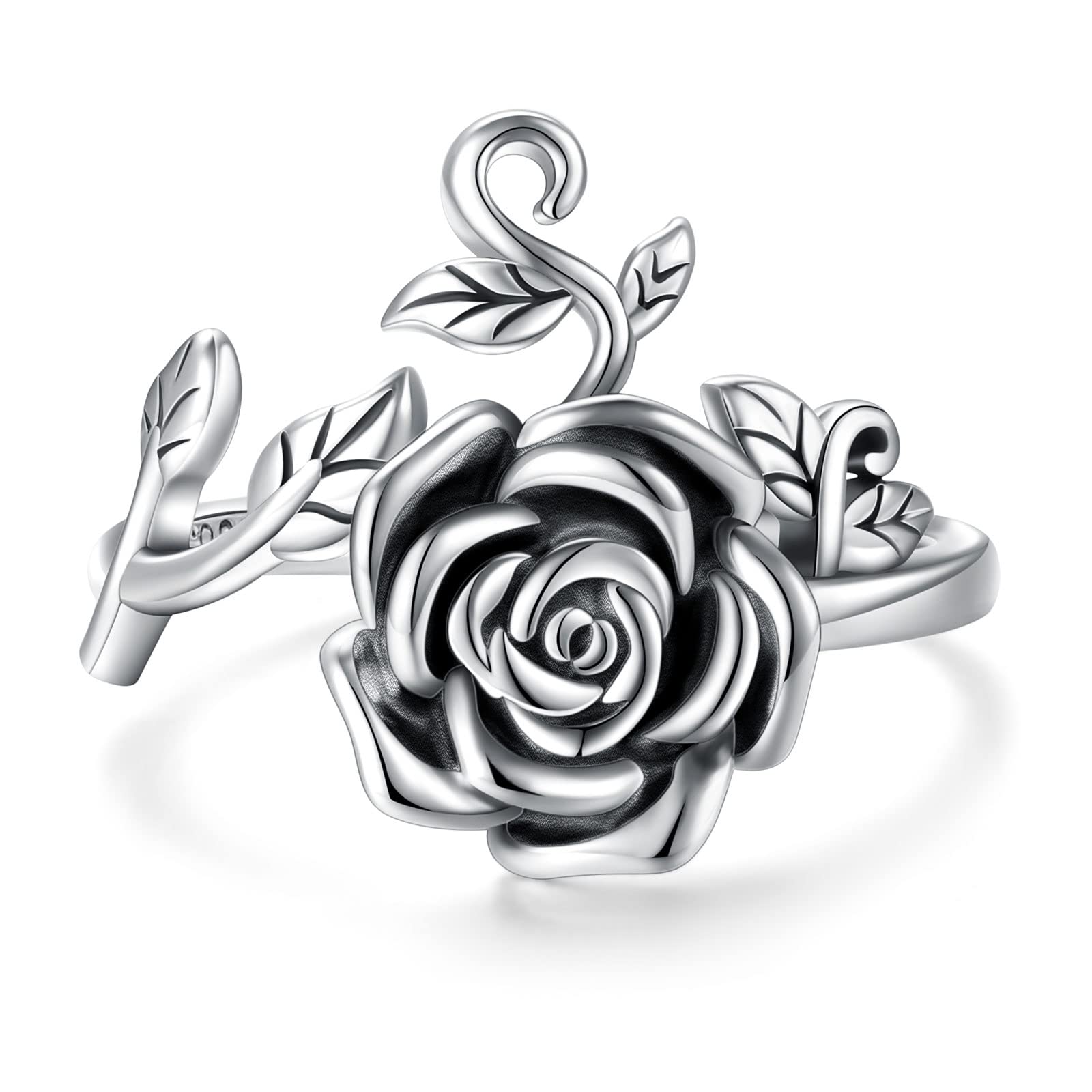 HOOHWE S925 Sterling Silver Flower Rings Rose Flower Open Ring 3D Rose Shape Adjustable Ring Jewelry for Women Teen (Adjustable)