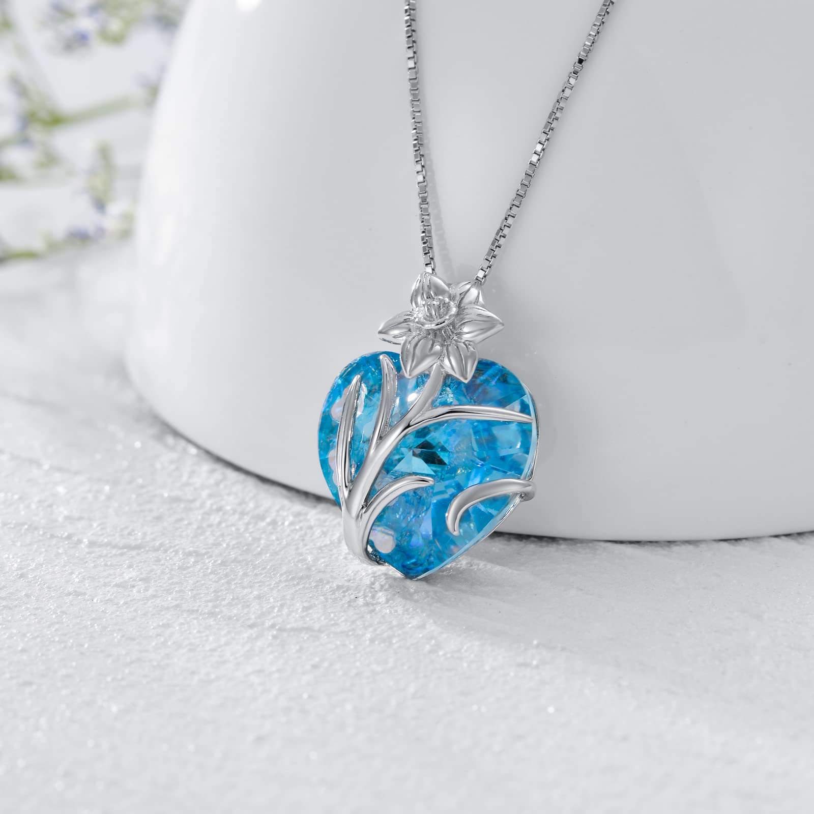 TOUPOP March Birth Flower Necklaces with Heart Aquamarine 925 Sterling Silver Dainty Daffodils Floral Pendant Necklace with March Birthstone Birthday Gifts for Women