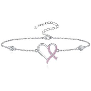 Breast Cancer Awareness Bracelet Necklace Earrings Pink Ribbon 925 Sterling Silver Jewelry Cancer Survivor Gifts for Women (Bracelet)