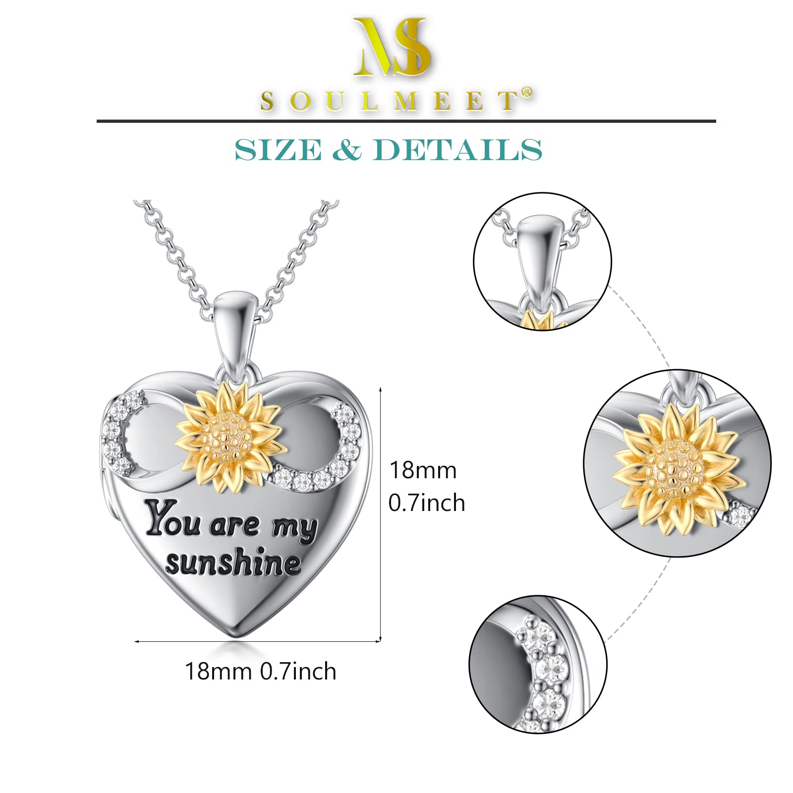 SOULMEET Personalized 10k 14k 18k Solid White Gold Infinity Sunflower Locket Necklace That Holds 1 Picture Photo Heart Locket Necklace, You Are My Sunshine" (Custom photo)