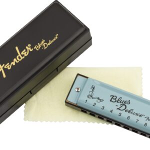 Fender Blues Deluxe Harmonica, with 1-Year Warranty, Key of C 10 Holes, with Hard Plastic Carrying Case, Daphne Blue