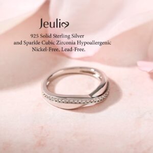 Jeulia Sterling Silver Couple Band for His and Her Stylish Crossover Polished Adjustable Matching Anniversary Wedding Diamond rings Engraving Jewelry Set Valentine Day with Gift Box (Women's band, 9.5)