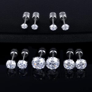 Titanium Screw Back Pack of Earrings Cubic Zirconia CZ Studs for Women Men 20G Helix Piercing Post 316L Surgical Stainless Steel Hypoallergenic for Sensitive Ears Simulated Diamond Set