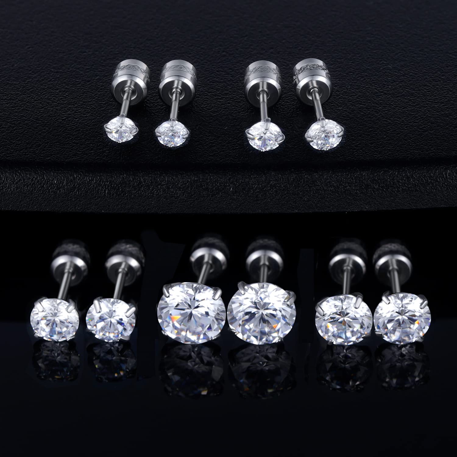 Titanium Screw Back Pack of Earrings Cubic Zirconia CZ Studs for Women Men 20G Helix Piercing Post 316L Surgical Stainless Steel Hypoallergenic for Sensitive Ears Simulated Diamond Set