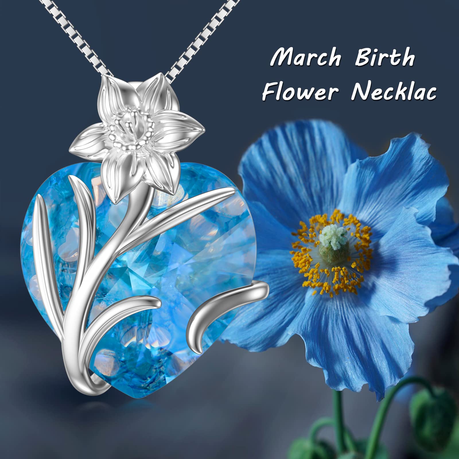 TOUPOP March Birth Flower Necklaces with Heart Aquamarine 925 Sterling Silver Dainty Daffodils Floral Pendant Necklace with March Birthstone Birthday Gifts for Women